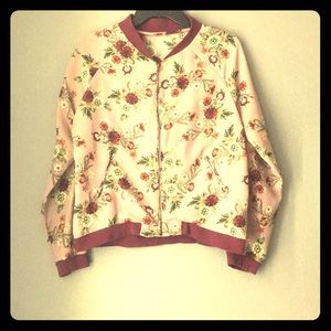 Burgundy lightweight floral jacket.
